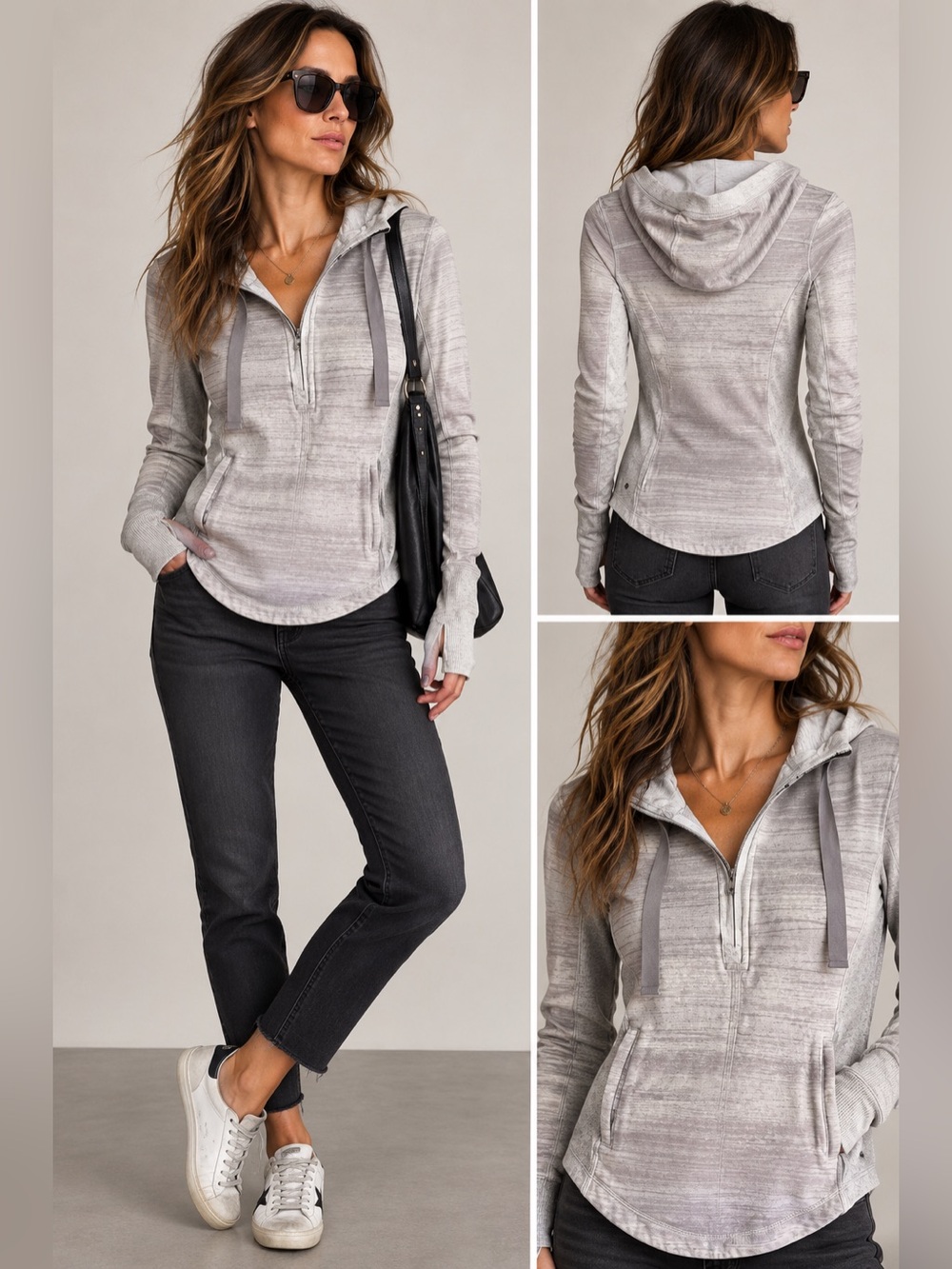 Lululemon- Post Sweat -Pullover w/Hoodie. QuarterZip. Ribbon Ties. Size 2. Grey.